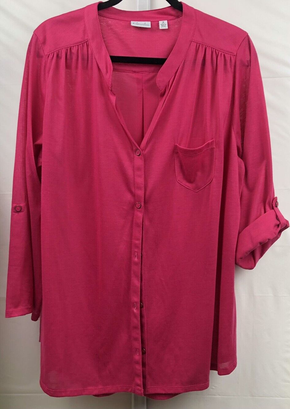 Kim Rogers Top Women 1X Pink Stretch Pleated Button Up Mock Neck Roll Tab Blouse